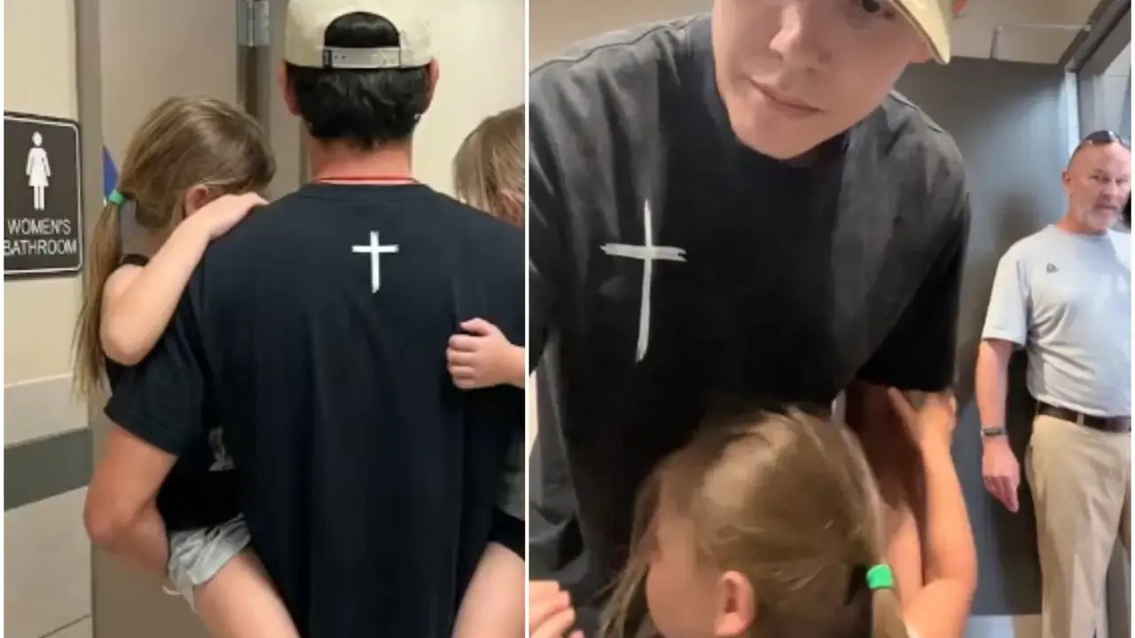 Dad Goes Viral For Taking 2 Little Daughters To Women's Restroom, Sparks Debate As Cops Called | VIDEO Dad Goes Viral For Taking 2 Little Daughters To Women's Restroom, Sparks Debate As Cops Called | VIDEO