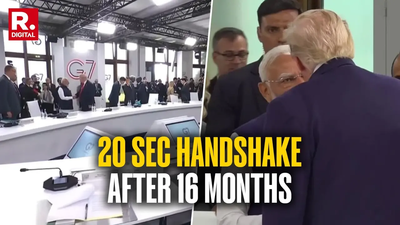 First Meeting In 16 Months: PM Modi & Trump Shake Hands, Sit Next To Each Other At G7 Summit; Bilateral Talks Likely Tomorrow First Meeting In 16 Months: PM Modi & Trump Shake Hands, Sit Next To Each Other At G7 Summit; Bilateral Talks Likely Tomorrow