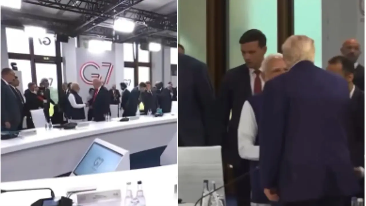 First Meeting In 16 Months: PM Modi & Trump Shake Hands, Sit Next To Each Other At G7 Summit; Bilateral Talks Likely Tomorrow First Meeting In 16 Months: PM Modi & Trump Shake Hands, Sit Next To Each Other At G7 Summit In France