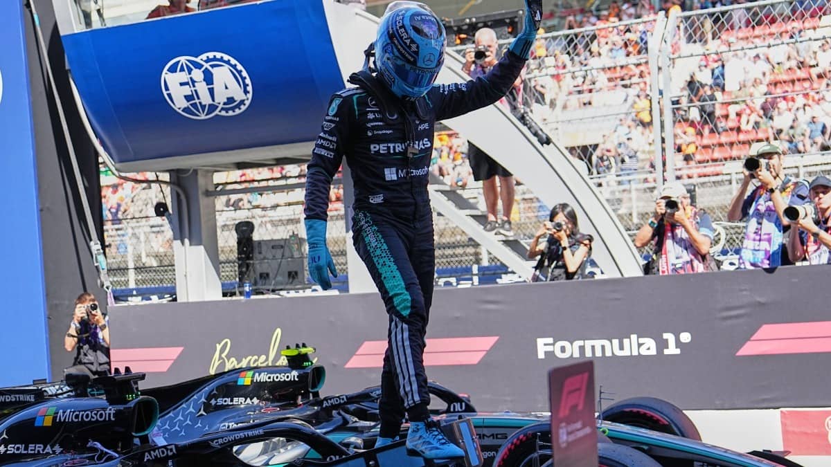George Russell celebrates his pole position