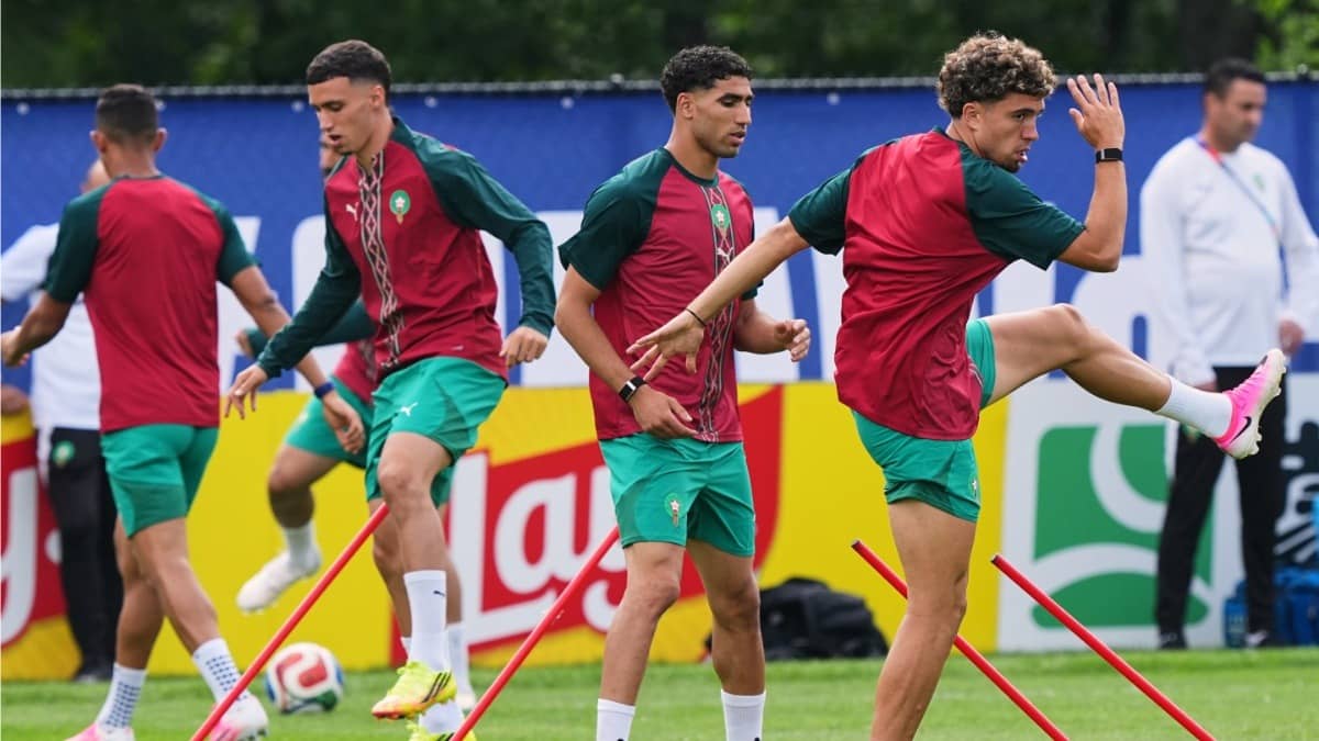 Morocco's Neil El Aynaoui, Achraf Hakimi and Bilal El Khannouss during a training session ahead of Scotland clash