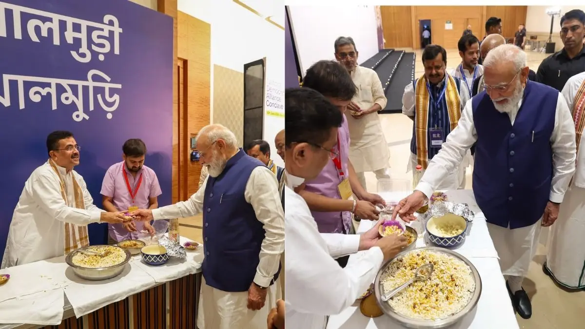 VIDEO: NDA की बैठक में CM सुवेंदु ने बनाई झालमुड़ी, PM मोदी समेत NDA नेताओं ने चखा स्वाद, बंगाल चुनाव में 'झालमुड़ी' बनी थी सुर्खियां Pm modi jhalmuri video Suvendu Adhikari