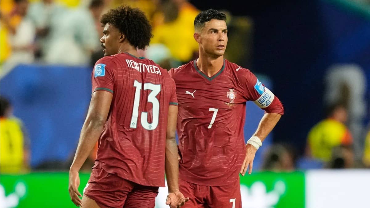 Portugal's Cristiano Ronaldo and Renato Veiga after draw with Colombia