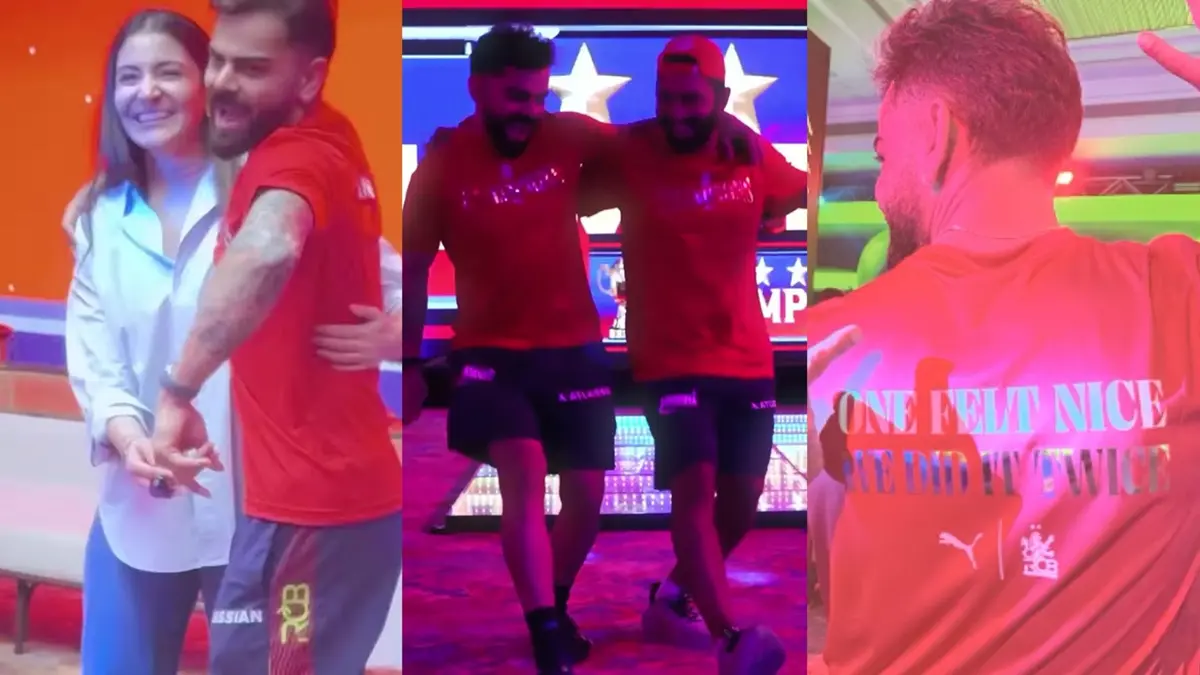 दूसरी बार IPL चैंपियन बनने के बाद RCB का जोशीला जश्न, अनुष्का संग थिरके विराट कोहली, टी-शर्ट पर लिखा खास मैसेज VIRAL RCB Celebrates IPL 2026 Final Victory