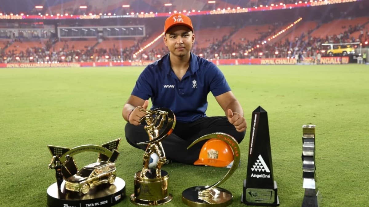 Vaibhav Sooryavanshi with the trophies in IPL 2026