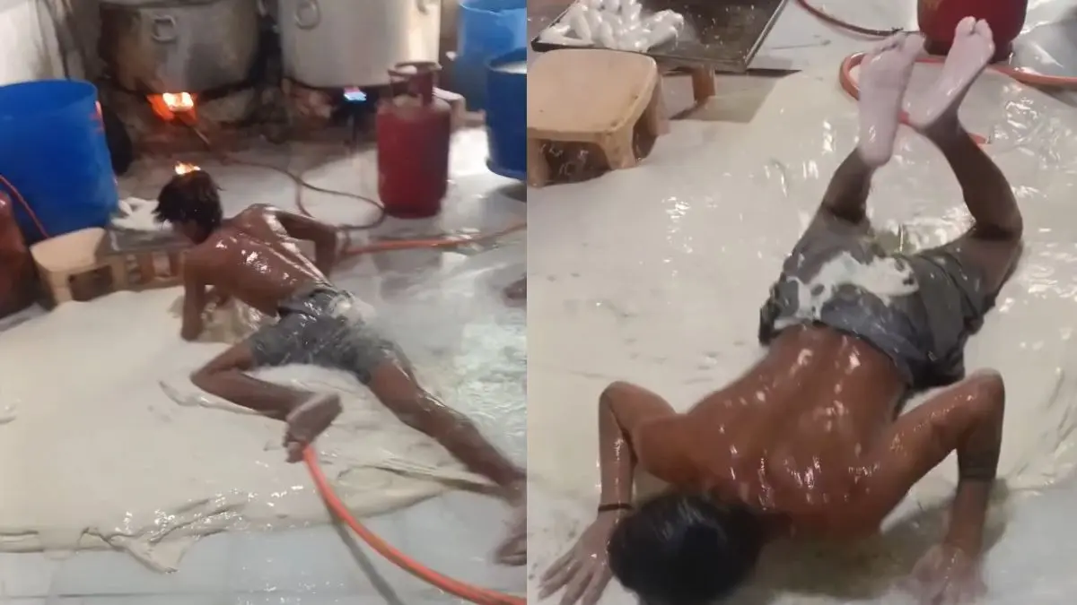 Dirty Floor, Shirtless Workers: Viral Video of Soya Chaap Making in Noida Sparks Outrage | WATCH Dirty Floor, Shirtless Workers: Viral Video of Soya Chaap Making in Noida Sparks Outrage | WATCH