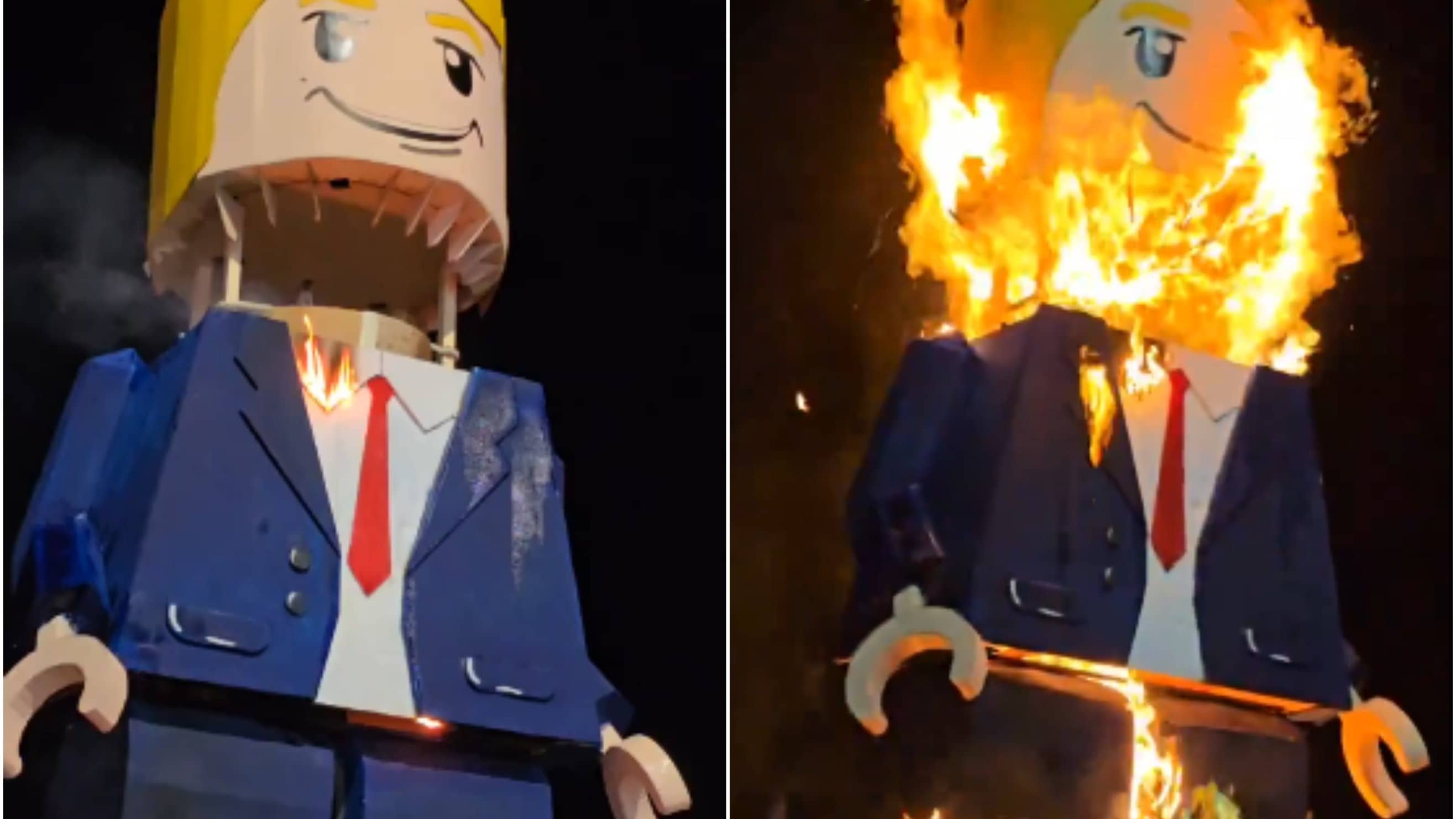 Enormous LEGO Trump Hung From Crane, Set Ablaze By Mourners At Khamenei's Funeral In Iran
