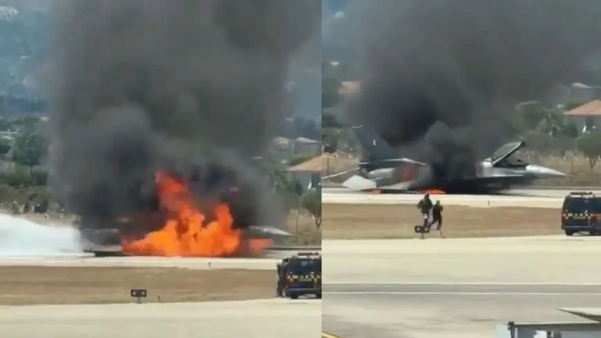 Greek Air Force F-16 Catches Fire After Emergency Landing on Zakynthos Island Greek Air Force F-16 Catches Fire After Emergency Landing on Zakynthos Island