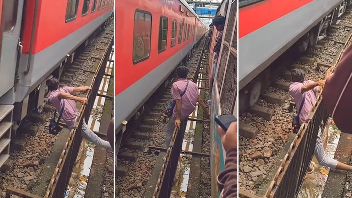 Heart-Stopping Video of Man Trapped Between Two Trains At Vasai Road Station Goes Viral; Internet Reacts | WATCH