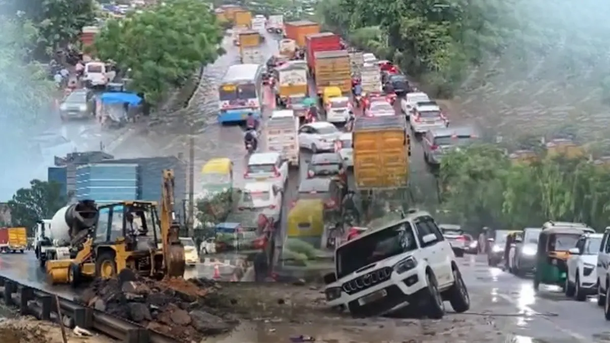 Rainy Day Gridlock: Gurugram Traffic Crawls As Road Cave-In On NH-48 Triggers 8-Km Traffic Nightmare | WATCH X