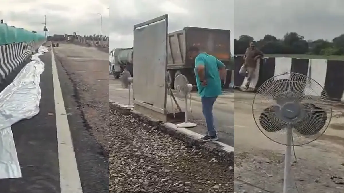 Blow-Dry Highway? Pedestal Fans Deployed on Damaged Rs 4,200 Cr Lucknow-Kanpur Expressway | WATCH Blow-Dry Highway? Pedestal Fans Deployed on Damaged Rs 4,200 Cr Lucknow-Kanpur Expressway | WATCH