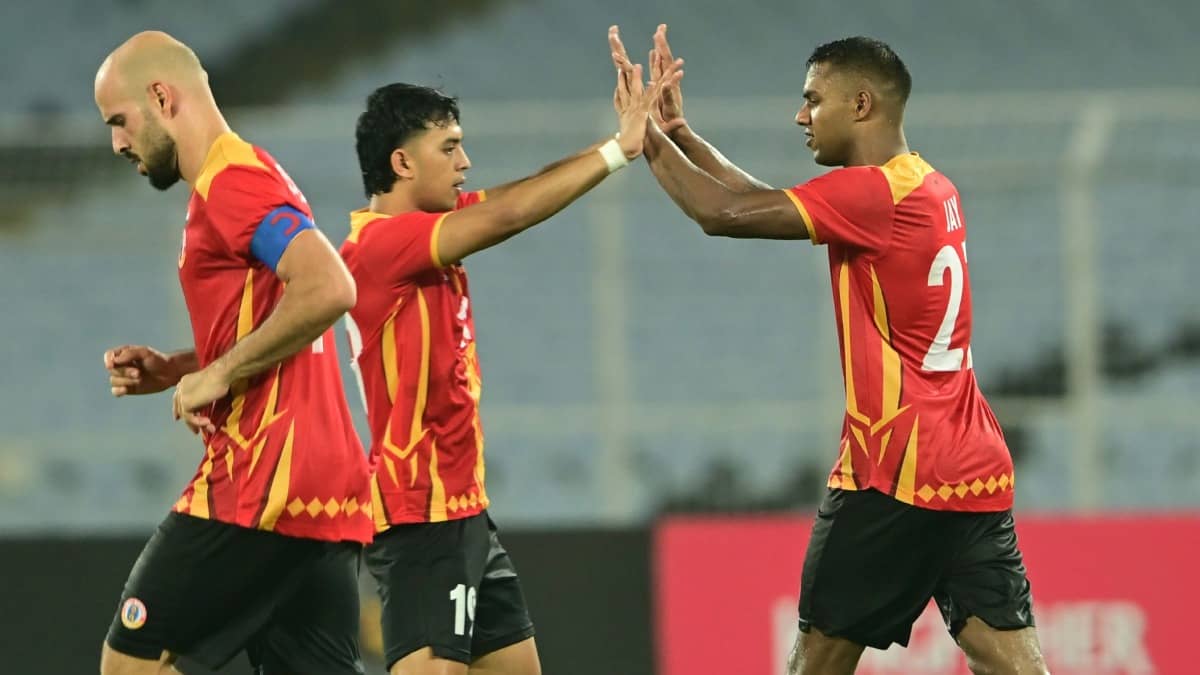 East Bengal players celebrate a goal