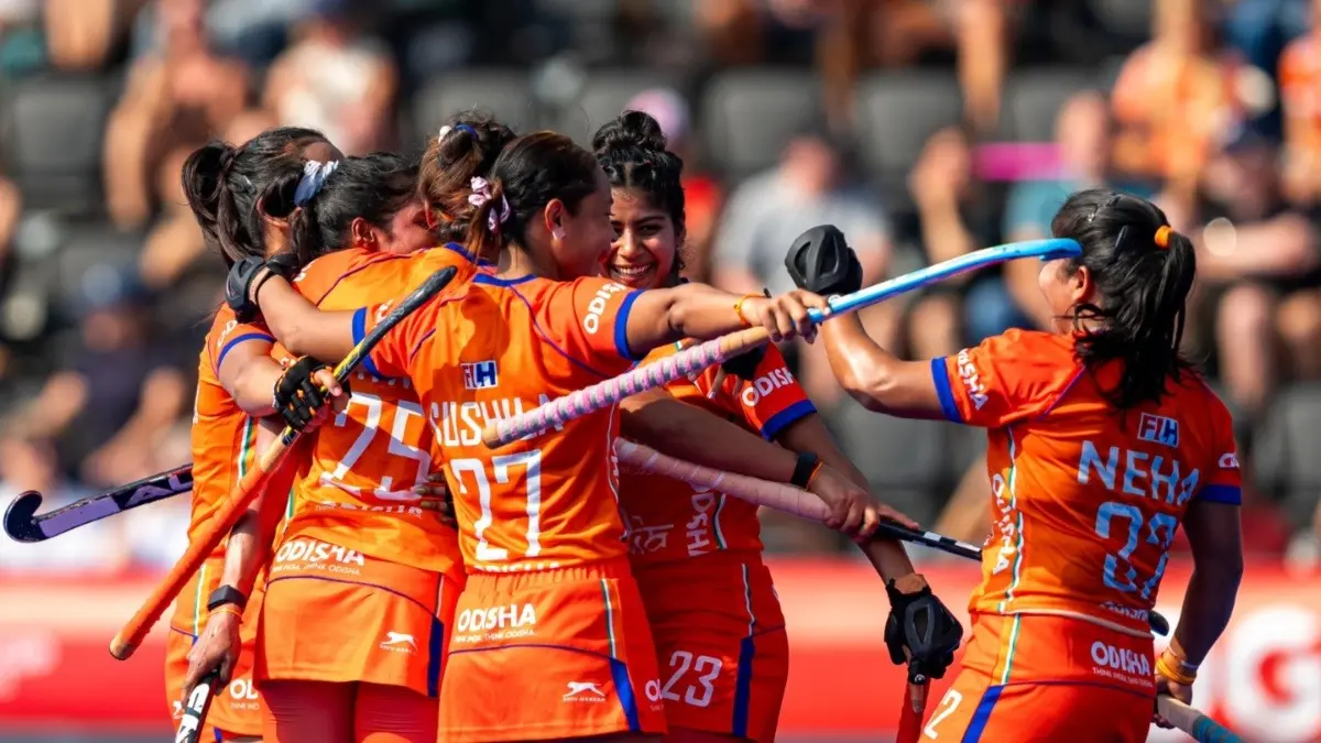 India Beat Germany 3-1 To Secure Fifth Place At FIH Women's Hockey World Cup 2026 Indian players celebrating after scoring a goal against Germany at FIH Women's Hockey World Cup 2026