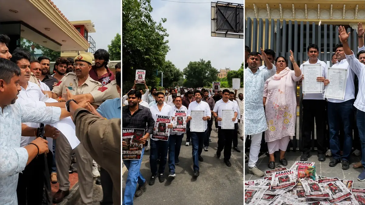 Indian Youth Congress Stages Protest Outside RSS HQs in Delhi, Burns Manusmriti Pages, Alleges BJP-RSS Discriminatory Mindset Indian Youth Congress Stages Protest Outside RSS HQs in Delhi, Burns Manusmriti Pages, Alleges BJP-RSS Discriminatory Mindset