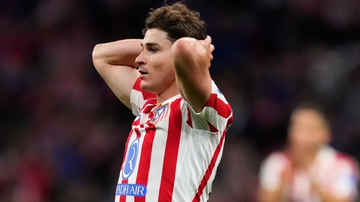 FC Barcelona May End Striker Hunt if Atletico Madrid Block Julian Alvarez Transfer Julian Alvarez reacts during a match