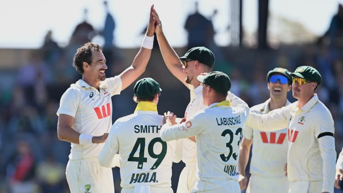 Mitchell Starc's Fiery Spell Helps Vengeful Australia Pack Bangladesh Within Two Days At Mackay Test Mitchell Starc celebrating with his teammates after taking a wicket