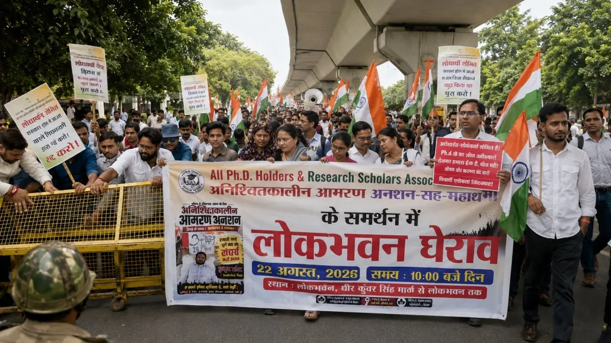 Bihar: PhD स्कॉलर्स का लोकभवन मार्च जारी, बैरिकेडिंग तोड़ आगे बढ़ने की कोशिश; पुलिस के साथ धक्का-मुक्की; जानें क्या है मांग PhD holders Bihar protest