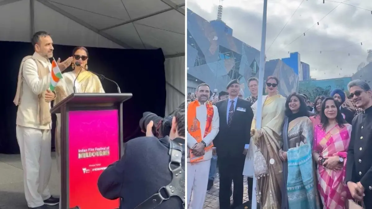 Independence Day 2026: Rekha And Pankaj Tripathi Hoist Tricolour In Melbourne, Diaspora Sing National Anthem Rekha and Pankaj Tripathi at IFFM