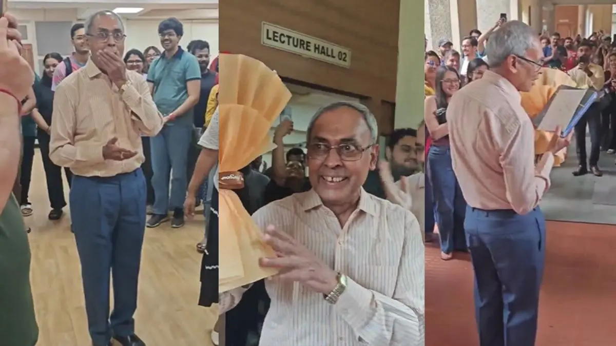 तालियों की गड़गड़ाहट से गूंजा कैंपस... प्रोफेसर के रिटायरमेंट पर स्टूडेंट्स का भावुक फेयरवेल, VIRAL VIDEO तालियों की गड़गड़ाहट से गूंजा कैंपस... प्रोफेसर के रिटायरमेंट पर स्टूडेंट्स का भावुक फेयरवेल, वीडियो वायरल