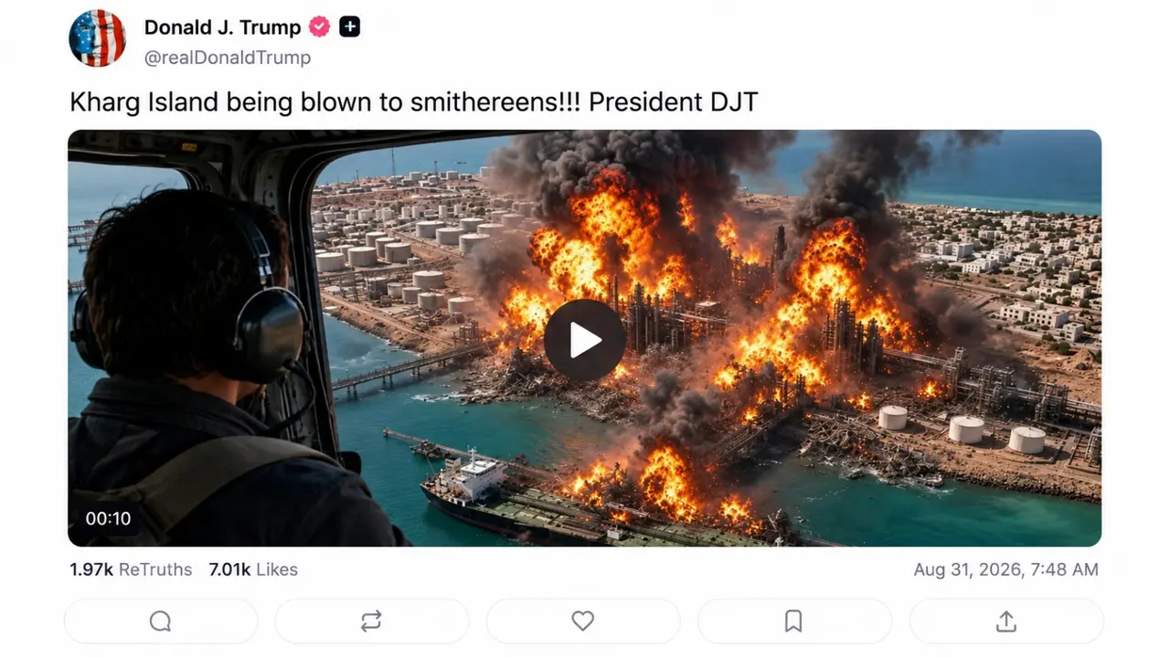 Trump Shares AI Video Depicting Iran's Kharg Island 'Being Blown to Smithereens!!!' Trump Shares AI Video Depicting Iran's Kharg Island 'Being Blown to Smithereens!!!'