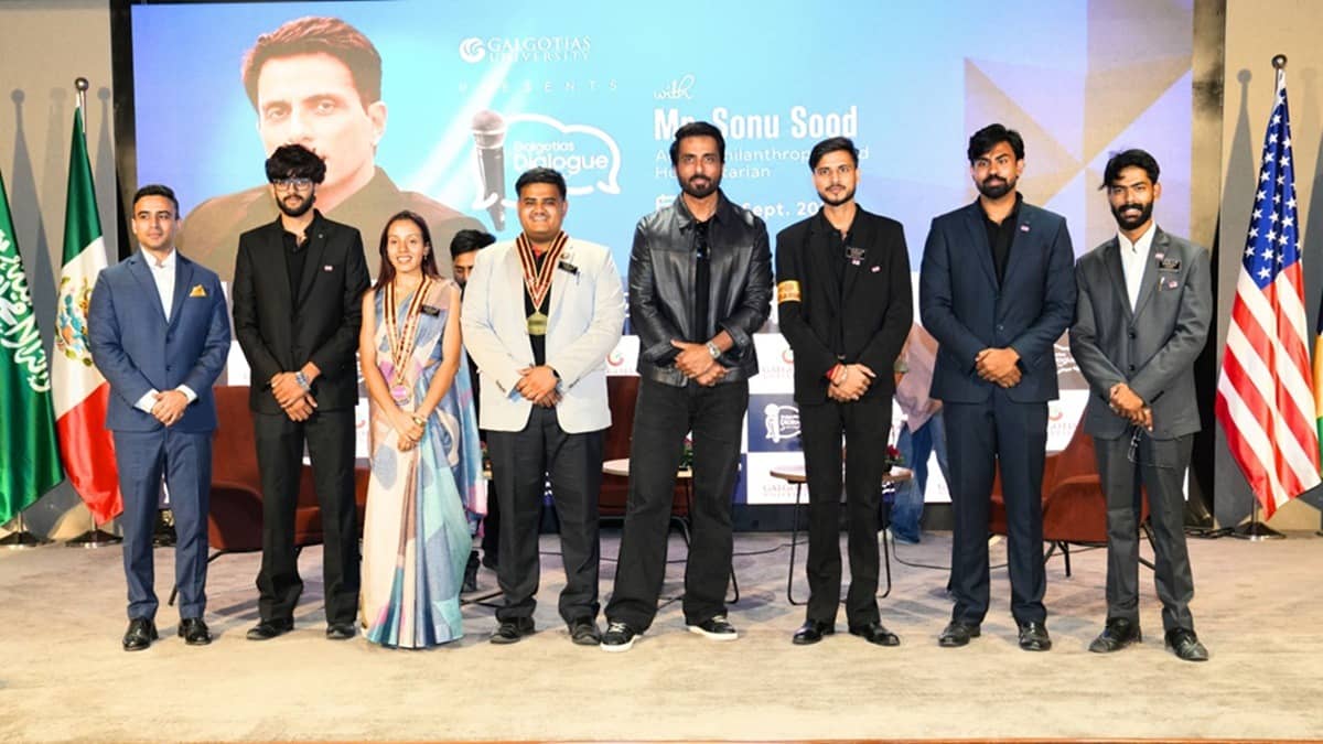 Actor and humanitarian Sonu Sood at Galgotias University during his visit for the Rotaract Club’s Installation and Pinning Ceremony and App Fair 2026