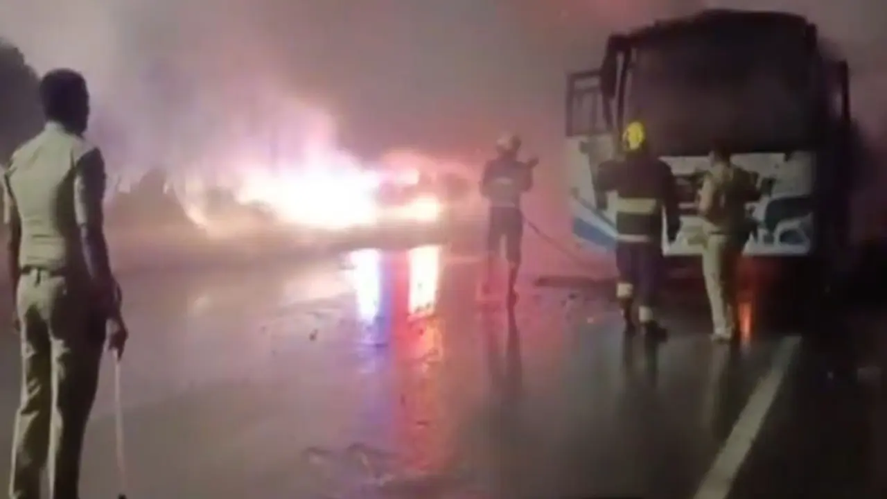 Hyderabad: Srisailam-Bound Private Bus Catches Fire; All Passengers Safe Hyderabad: Srisailam-Bound Private Bus Catches Fire; All Passengers Safe