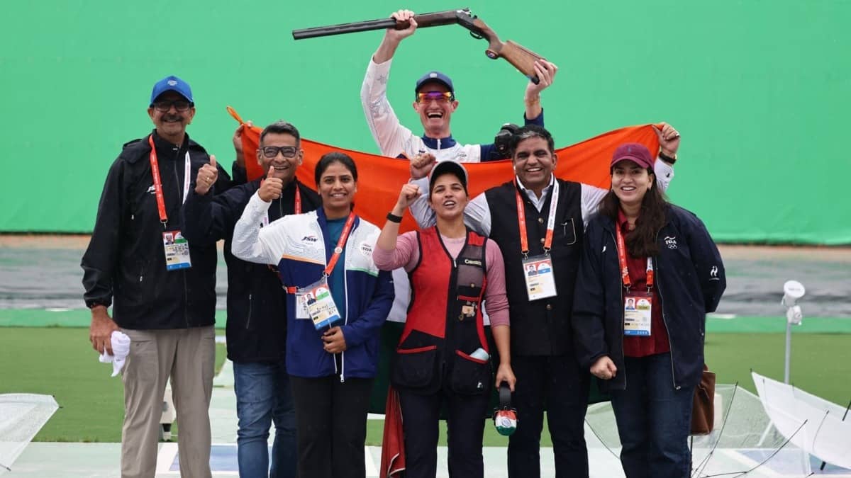 Neeru Dhanda celebrates after her trap shooting gold at Asian Games