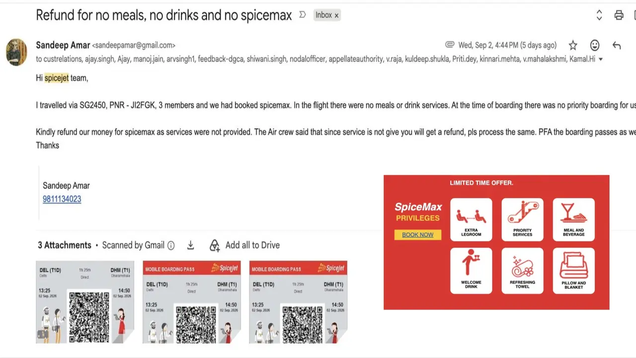 ‘No Meals, No Priority, No Refund’: SpiceJet Passenger Flags SpiceMax Service Failure, Refund Ignored ‘No Meals, No Priority, No Refund’: SpiceJet Passenger Flags SpiceMax Service Failure, Refund Ignored