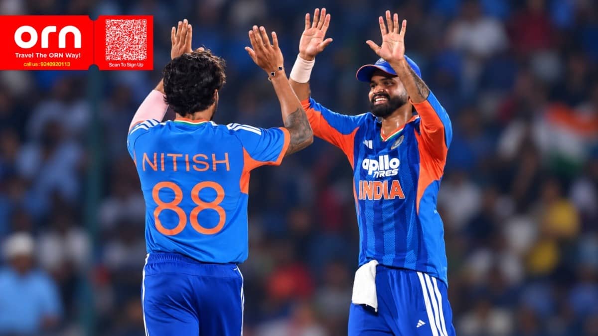 Shreyas Iyer and Nitish Kumar Reddy celebrating after taking a wicket against Afghanistan