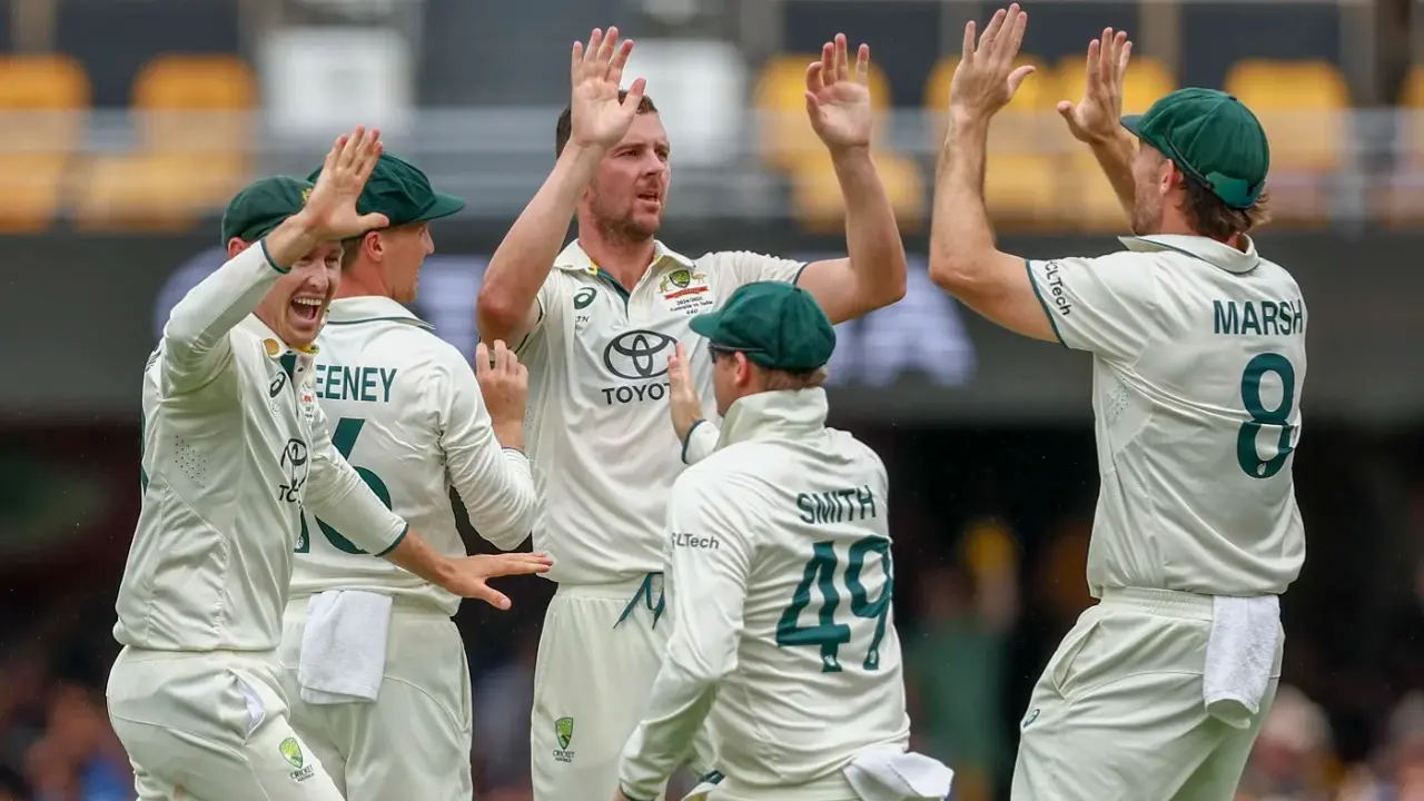 Josh Hazlewood celebrates fall of a wicket
