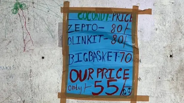 Bengaluru Coconut Vendor's Ad Challenges Zepto, BlinkIt, Big Basket, Goes Viral A coconut vendor's smart advertisement to compete against E-commerce platforms has garnered the internet's attention.