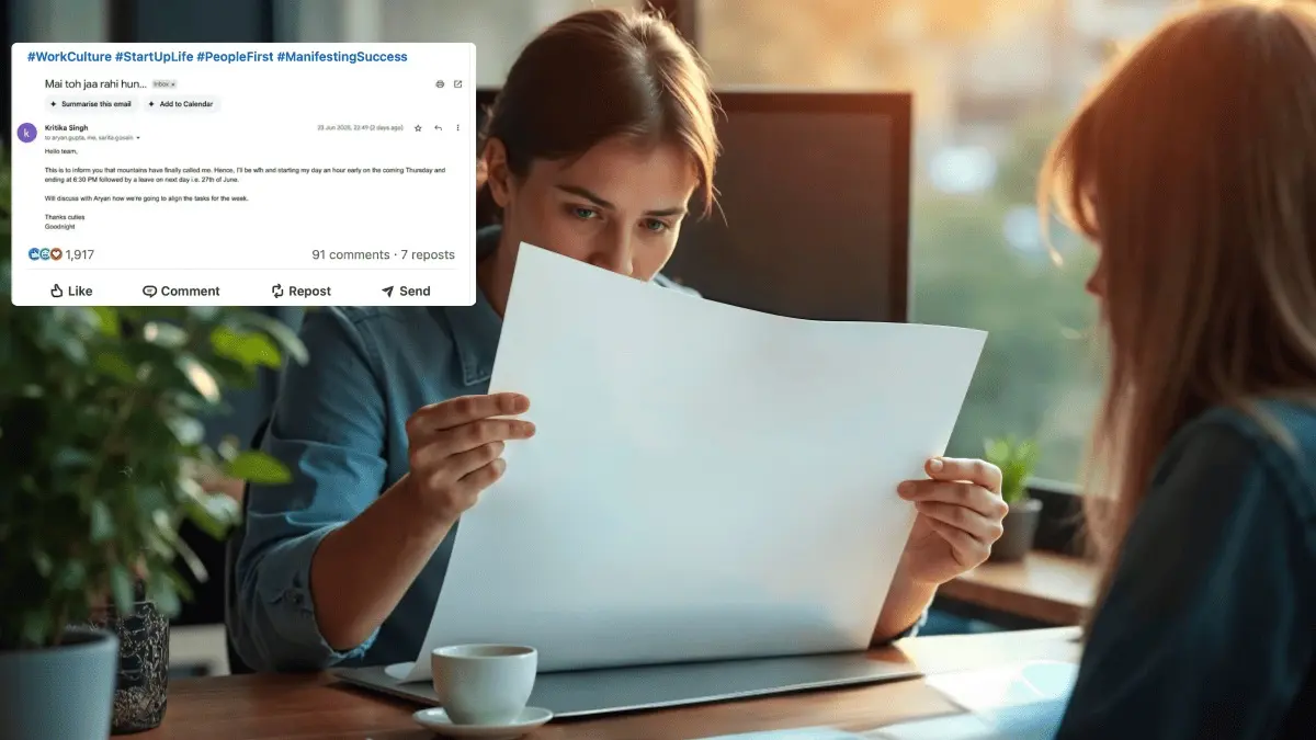 A copywriter’s playful leave email saying ‘Main to jaa rahi hoon’ went viral, reminding LinkedIn why a healthy, fun work culture truly matters.