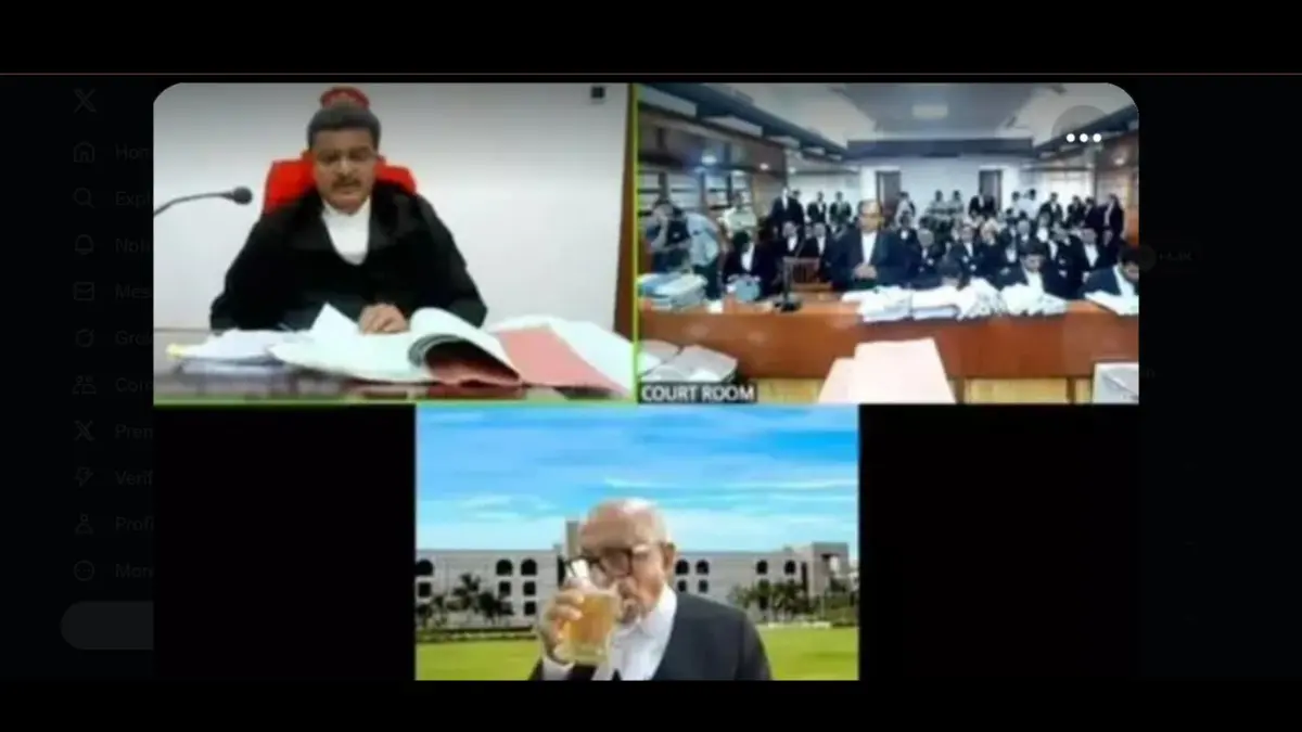 A lawyer allegedly drinking from a beer mug during Gujarat High Court hearing.