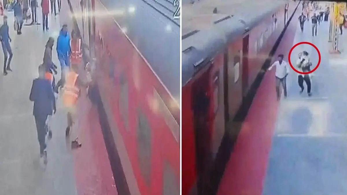 UP: चलती ट्रेन में गोद में बच्ची को लेकर चढ़ने के दौरान फिसला पैर, फिर..., प्रयागराज स्टेशन पर RPF जवानों ने ऐसी बचाई मासूम की जान-Video A major accident was averted at Prayagraj station