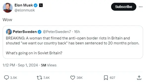 A screengrab of Musk's tweet.