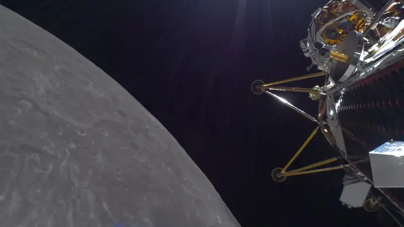 Private Space Exploration Advances as Intuitive Machines Attempts Moon Landing A view of the moon from Intuitive Machine's lander.
