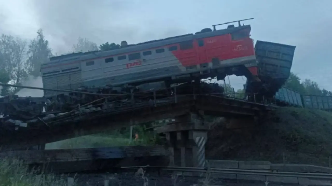 Second Bridge Collapse In Russia Derails Train Hours After Fatal Crash Near Ukraine A views shows a damaged freight train at the scene following a railway bridge collapse in the Kursk region, Russia