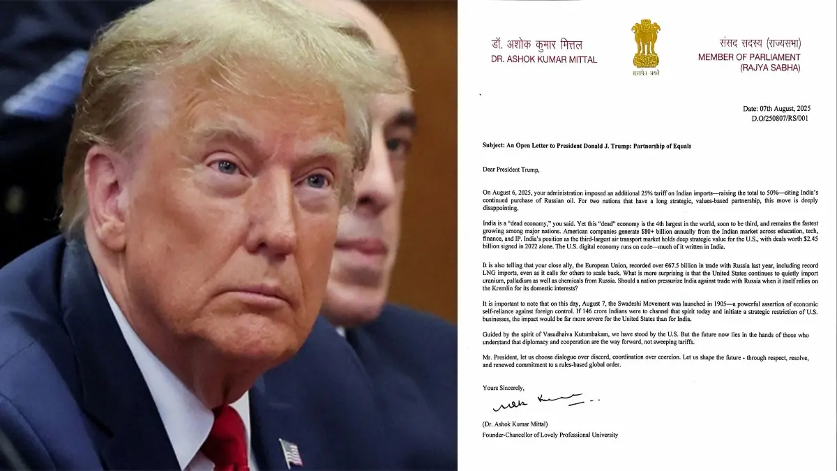 'What If 146 Crore Indians Boycott US Companies...': MP Ashok Mittal Sends Open Letter Threat to President Trump AAP MP Ashok Mittal Issues Open Letter to Trump, Condemns US Tariffs on India
