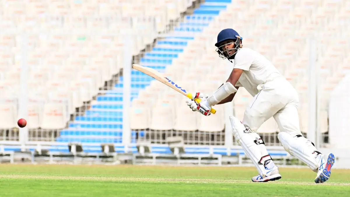 Abhimanyu Easwaran plays a shot during a Ranji Trophy match