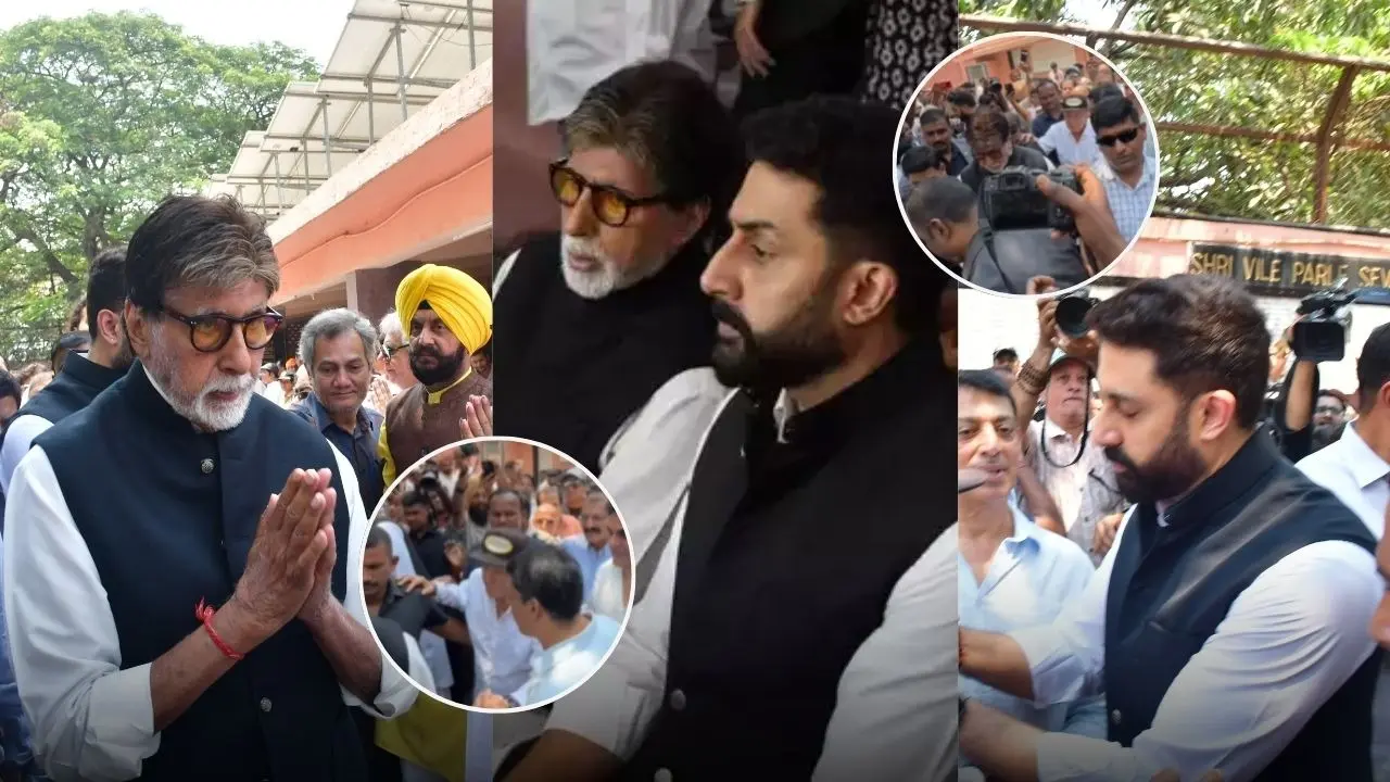At Manoj Kumar’s Funeral, Abhishek Bachchan Has Angry Moment With Invasive Paparazzi, Amitabh Bachchan Looks On Abhishek Bachchan's Angry Moment with Paparazzi At Manoj Kumar's Funeral Goes Viral