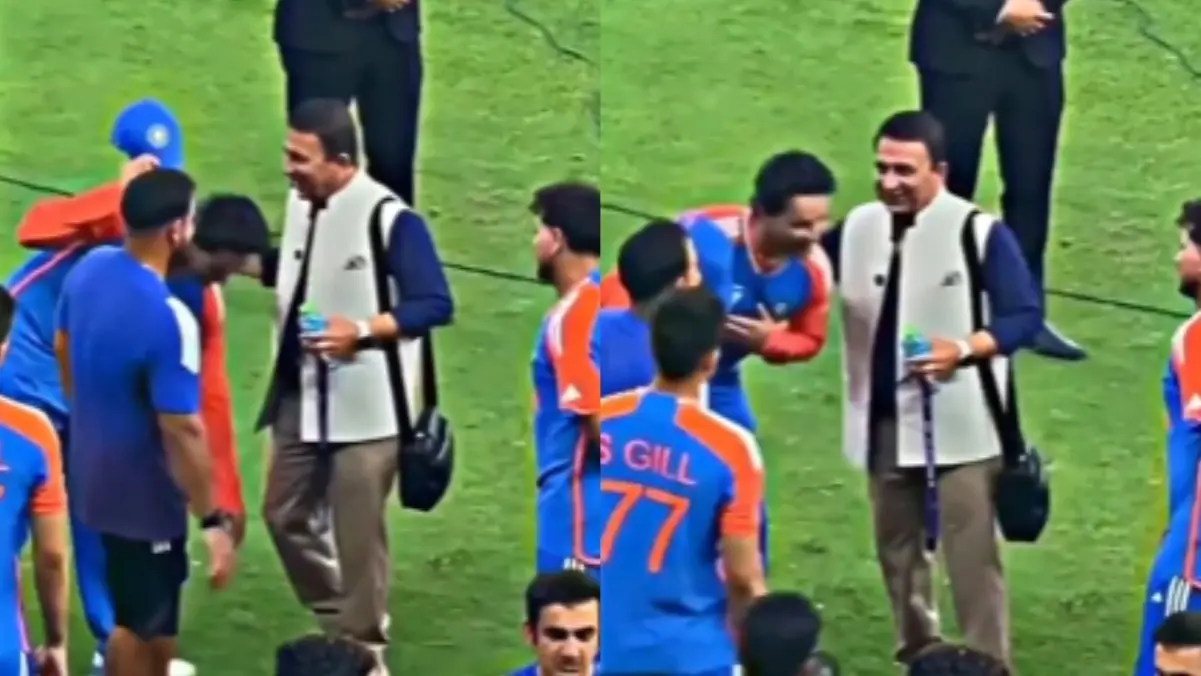 Abhishek Sharma touches Sunil Gavaskar's feet