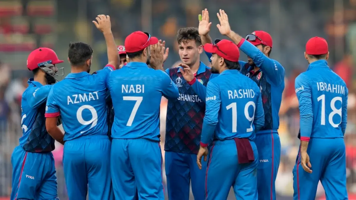 Afghanistan celebrate a fall of wicket during ODI World Cup 2023