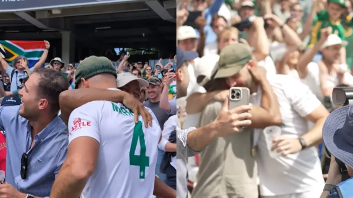 Aiden Markram celebrates South Africa's WTC win with school friend