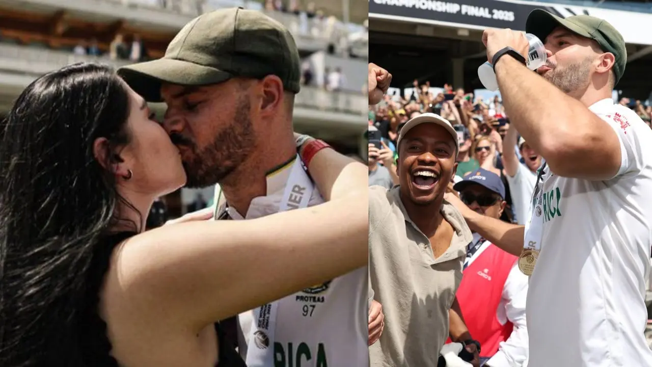 Aiden Markram Kisses his wife drink beer with fans as south Africa win wtc final beats Australia in lords
