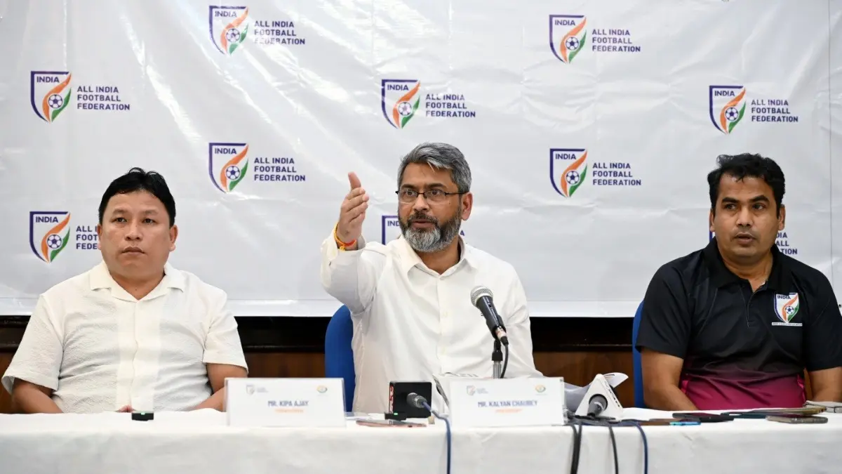 Indian Football Under Scrutiny As Potential Ban Looms Over AIFF From FIFA, AFC For Failing To Ratify New Constitution: Report AIFF treasurer Kipa Ajay (left), AIFF president Kalyan Chaubey (middle), and AIFF technical director Syed Sabir Pasha (right)