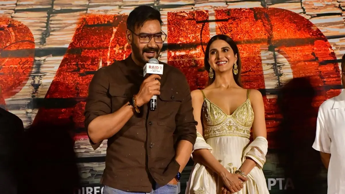 Ajay Devgn addresses media during Raid 2 trailer launch.