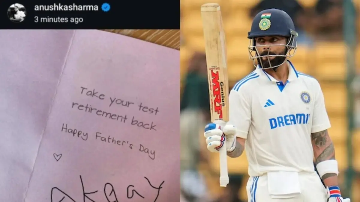 Virat Kohli's Son Akaay Wants Father to Come Out of Retirement, Heartfelt Note Shared by Anushka Goes Viral Ahead of England Tests Akaay's Heartfelt Note (L), Virat Kohli (R)