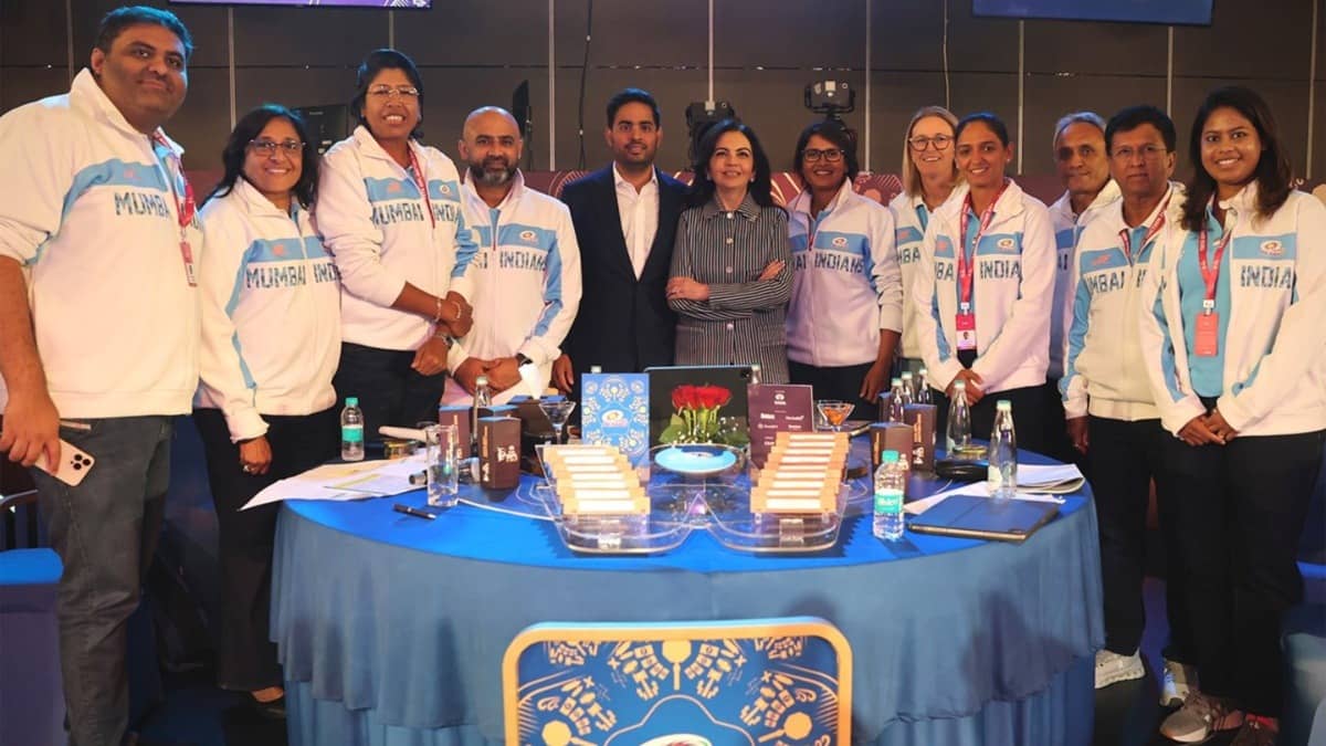 Akash Ambani and Nita Ambani with Mumbai Indians management during WPL 2026 mega-auction