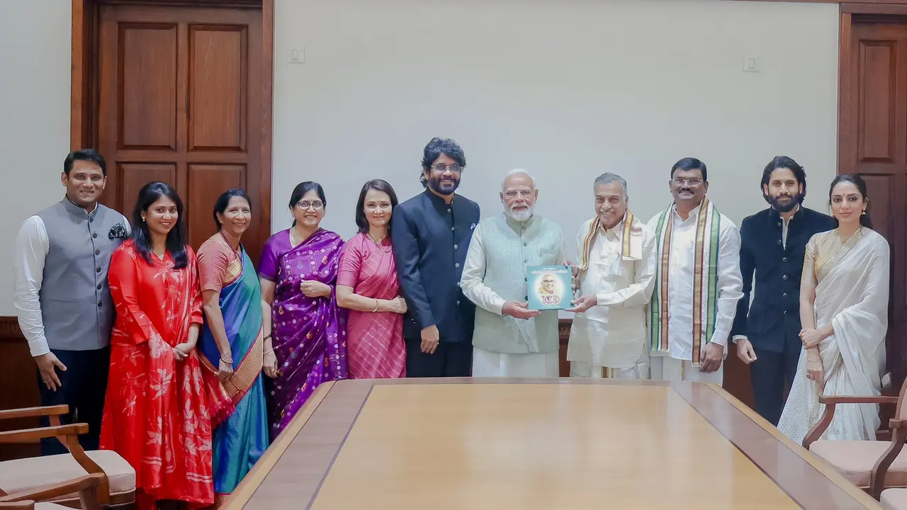 Nagarjuna, Naga Chaitanya, Sobhita Meet PM Modi Presents Him Book on Cinema Legend Akkineni Nageswara Rao Akkineni Family Meets PM Modi