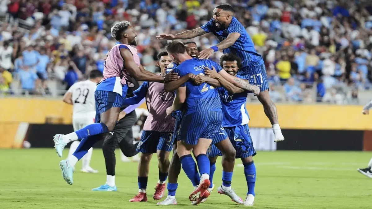 Al Hilal players celebrate their win over Manchester City